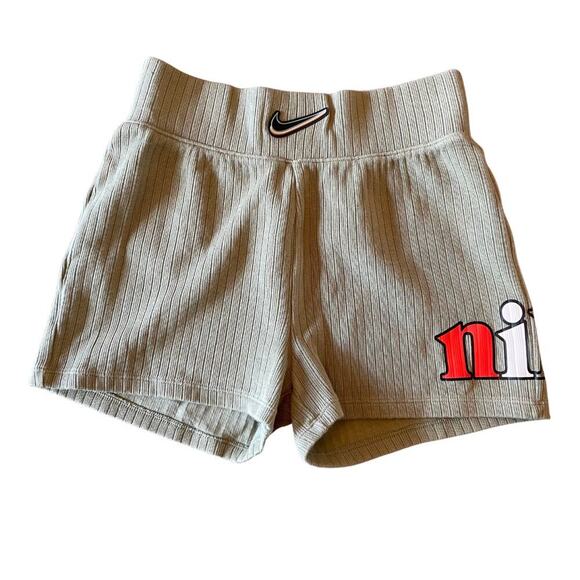 Nike Ribbed Hi Rise Logo Running Shorts Olive Green Size Small 0633W - Picture 3 of 10